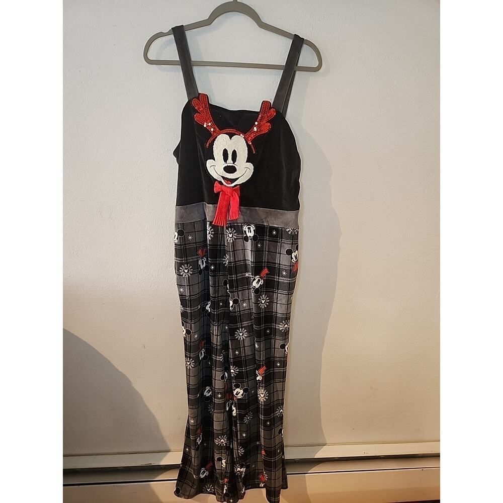 Disney Womens Gray Mickey Mouse Christmas Holiday Overalls Jumpsuit Pajama Large